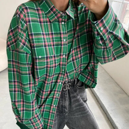 maoxiangshop -  Vintage Plaid Blouses Womans Loose Long Sleeve Shirt Autumn Winter Casual Single Breasted Shirt with Pockets Female Tops