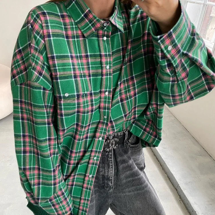 maoxiangshop -  Vintage Plaid Blouses Womans Loose Long Sleeve Shirt Autumn Winter Casual Single Breasted Shirt with Pockets Female Tops