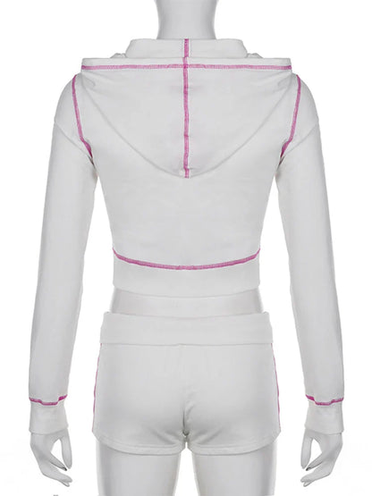 maoxiangshop  -  Lace Up Short Sets For Women 2 Piece Summer Outfits Autumn New Slim Knitted Hoodies And Short Suits Woman Clothes
