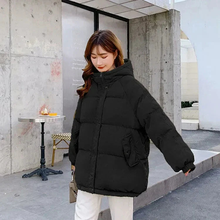 maoxiangshop Women Short Jacket Winter Thick Hooded Cotton Padded Coats Female Korean Loose Puffer Parkas Ladies Oversize Outwear