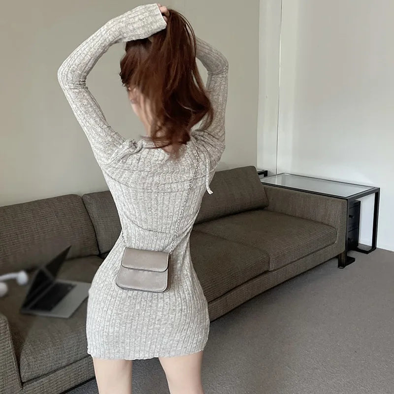 maoxiangshop Tight Long Sleeve Short Style Split Halter Women's Dress Solid Color Fashion Sexy Design