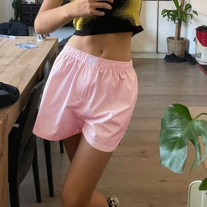 maoxiangshop  -  Women's Y2K Aesthetic Summer Casual Pajama Shorts Elastic Band Loose Fit Striped Lounging Beach Cute Short Panties