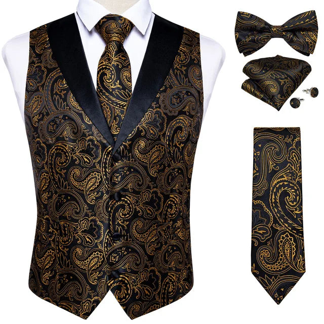 maoxiangshop Brand Suit Vest Set For Men Luxury Silk Black Gold Paisley Dress Vest Tie Cufflinks Handkerchief Set Male Sleeveless Waistcoat