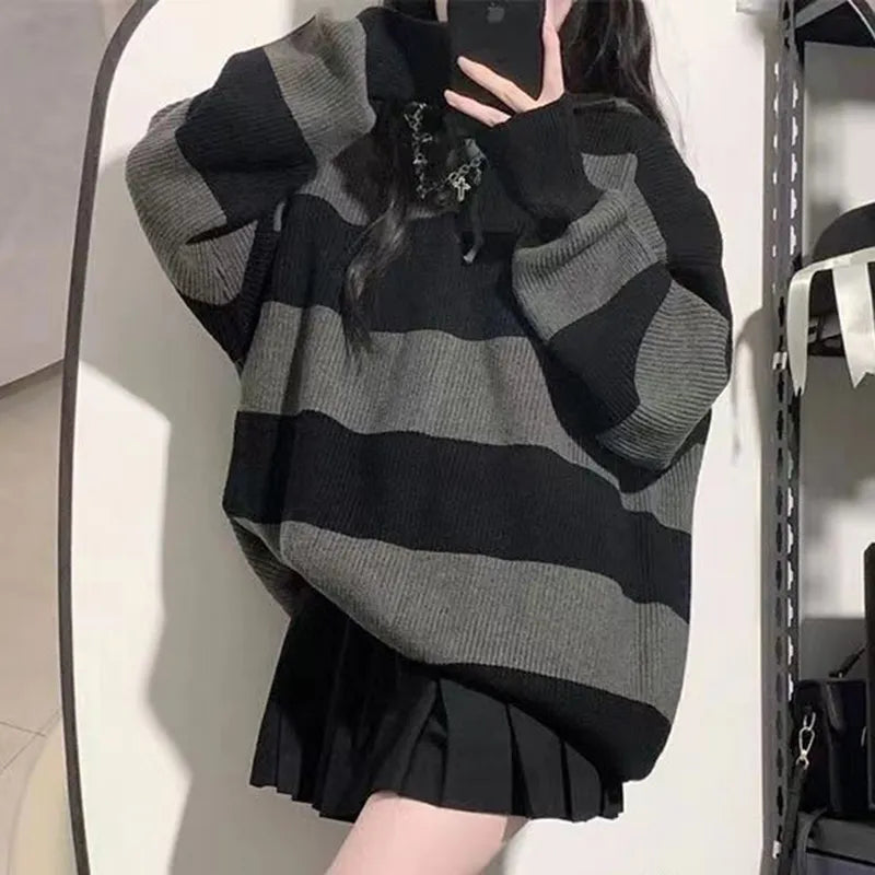 maoxiangshop Women Knitted Sweatshirt Korean Fashion Stripe Female Loose Long Sleeve Sweater Casual Streetwear Jumper Autumn New