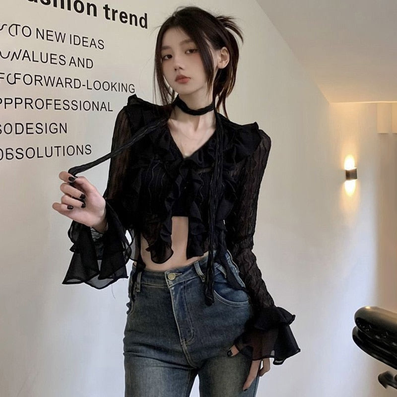 maoxiangshop Women Lace Blouses  Y2k Crop Top Sexy Gothic GrungeFemale Shirts Elegant Black Transparent Cardigan Korean Streetwear