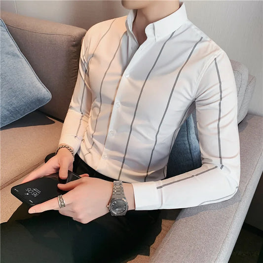 maoxiangshop Mens Shirts Autumn New Long Sleeve Stripe Dress Shirt Solid Casual Formal Wear Slim Fit Chemise Homme Camisas Men Clothing