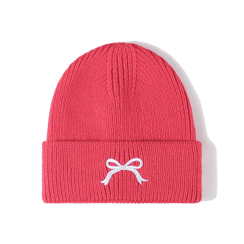 maoxiangshop  -  Winter Knitted Hat for Women Girls Bow Embroidery Woolen Beanies Korean Y2K Bowknot Hip Hop Caps Thick Elastic Ear Warmer Bonnet