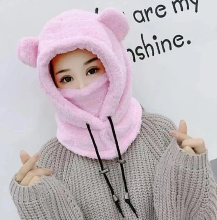 maoxiangshop Cute Winter Earflaps Plush Bear Ears Hats adult Warm Mask for Outdoor Women Bonnet Hood