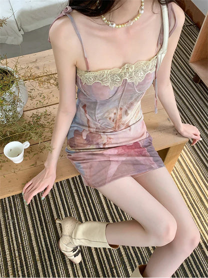 Summer French Vintage Mini Prom Gown Spaghetti Strap Dress Tie Dye Women Coquette Frocks Party Evening Hot Sexy One-Piece Y2k