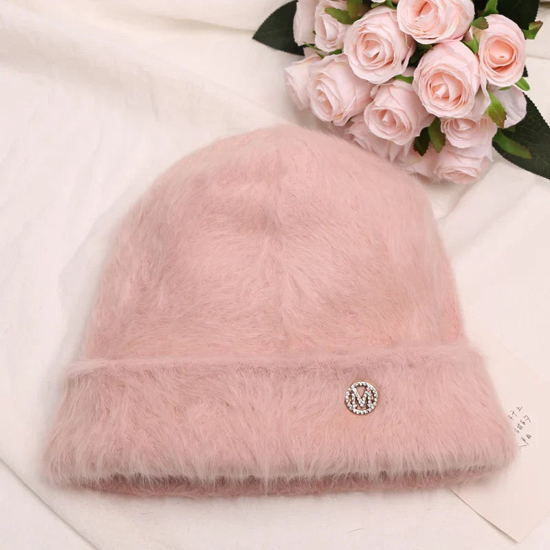 maoxiangshop New Fashion Rabbit Fur Y2k Beanies for Women Soft Warm Fluffy Angola Winter Hat Female Windproof Bonnet Hat Skullies Cap