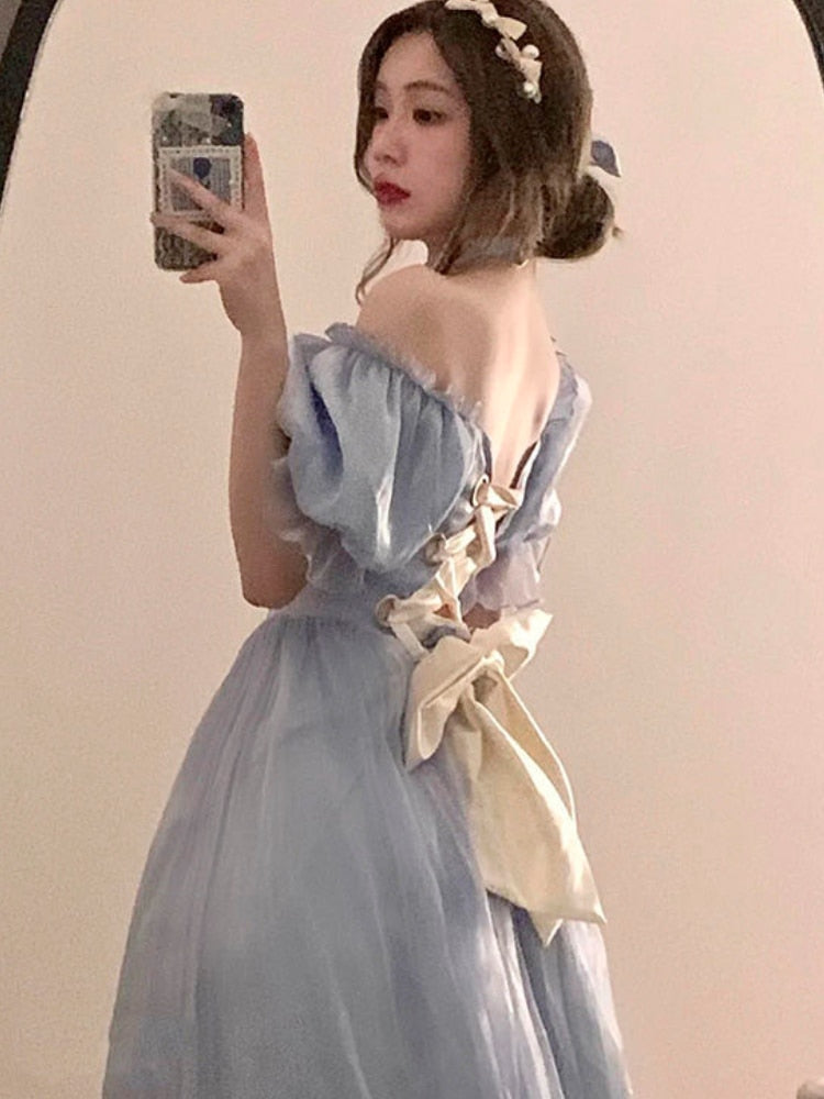 maoxiangshop Vintage Elegant Midi Dresses Women Spring Blue Patchwork Retro Evening Party Dress French Sweet Korean Princess Fairy Dress