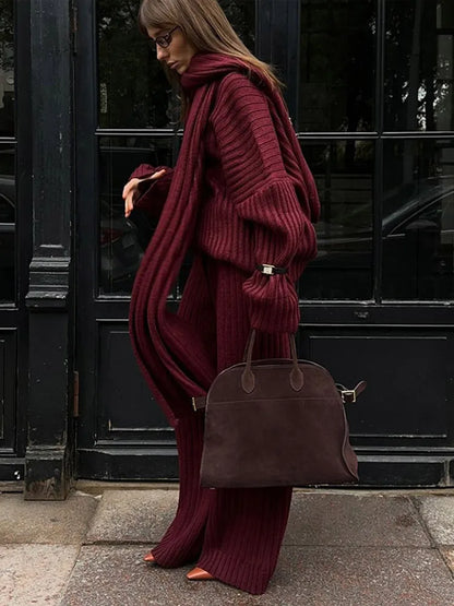 maoxiangshop  -  Knit Sweater Pants Set With Scarf Women Loose V-neck Long Sleeve Pullover Elastic Wide Leg Trouser Set 2024 Autumn Lady Outfits