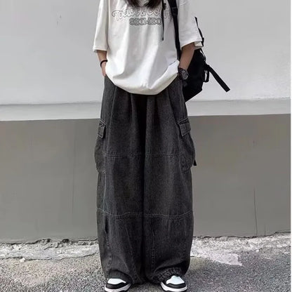 maoxiangshop 2024 Spring Autumn Men Baggy Jeans Men Wide Leg Pants Big Pockets Elastic Waist Streetwear Trousers Male Loose Denim Pants