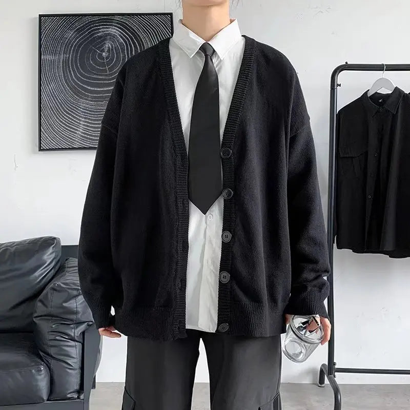 maoxiangshop Autumn Winter Men Casual V-Neck Cardigan Sweaters Solid Color Long Sleeve Outerwear Single-breasted Male Loose Knitted Coats
