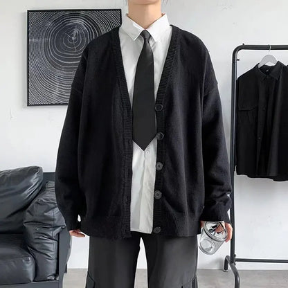 maoxiangshop Autumn Winter Men Casual V-Neck Cardigan Sweaters Solid Color Long Sleeve Outerwear Single-breasted Male Loose Knitted Coats