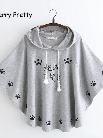 Women Hooded Poncho Cartoon Embroidery Drawstring Capes Spring Femme Chinese Style Half Sleeve Coats Jackets