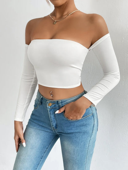 maoxiangshop Off Shoulder Crop T-Shirt, Casual Long Sleeve Top For Spring & Fall, Women's Clothing