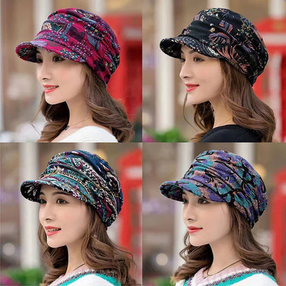 maoxiangshop Women Hat Short Brim Warm Foldable Earflap Women Cap Ethnic Style Floral Print Autumn Winter Hat Daily Clothing Turban Visor