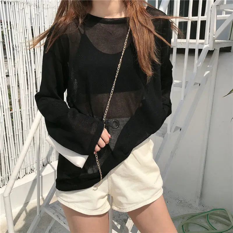 Sun-protection Long Sleeve Breathable T-shirts Women O Neck Solid Sexy See Through Black White Loose Unisex Shirts Casual Tops