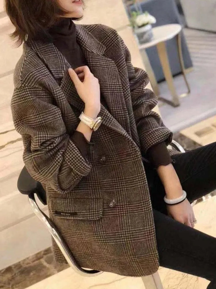 maoxiangshop Suit Coats and Jackets Women Casual Lattice Loose Winter Coat for Women Single Breasted Pockets Korean Fashion Women's Wool Coat