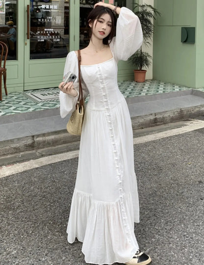 Women Vintage Square Collar White Dress for Autumn New Single Breasted Lantern Sleeved Robe France Elegant Party Vestidos