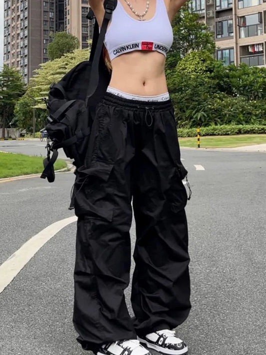 maoxiangshopY2K Parachute Black Pants Women Hippie Streetwear Oversize Pockets Cargo Trousers Harajuku Wide Leg Baggy Sweatpants