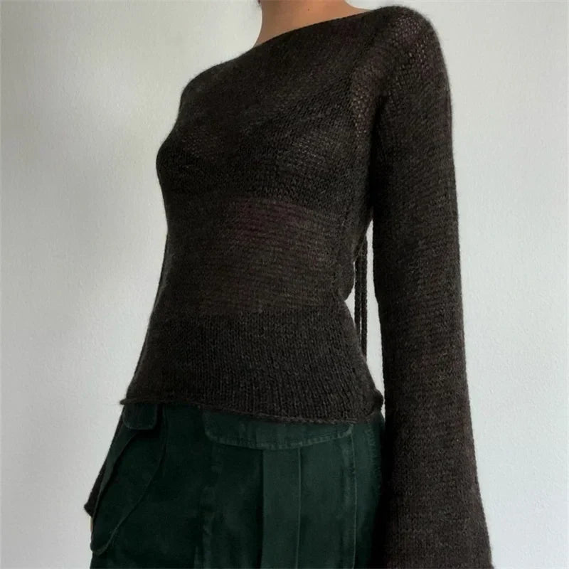 Y2K Tie Back Sweaters Women Long Sleeve Boat Neck Solid Color Knitted Pullover Casual Crochet Tops 2023 Fall New