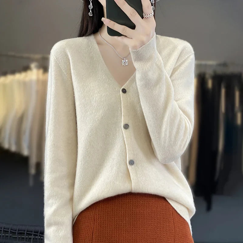 maoxiangshop New Fashion Spring Autumn 100% Merino Wool Women's V-neck Cardigan Cashmere Sweater 2024 Female Knitwear Clothing Korean Tops