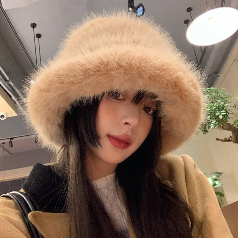 maoxiangshop y2k Fluffy Faux Fur Bucket Hat Women Rabbit Fur Warm Thick Plush Winter Hat Lady Luxury Fashion Furry Panama Fisherman Cap