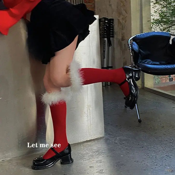 maoxiangshop  -  Winter Christmas New Year Red Socks Feather Lace Warm Long Socks for Women Japanese JK Girl Sweet Lolita Slim Sexy Stockings