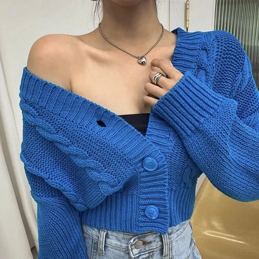 maoxiangshop Chunky Crop Cardigan for Women Pink Blue Green V-Neck Button Up Cable Knit Sweater Jacket Autumn Winter