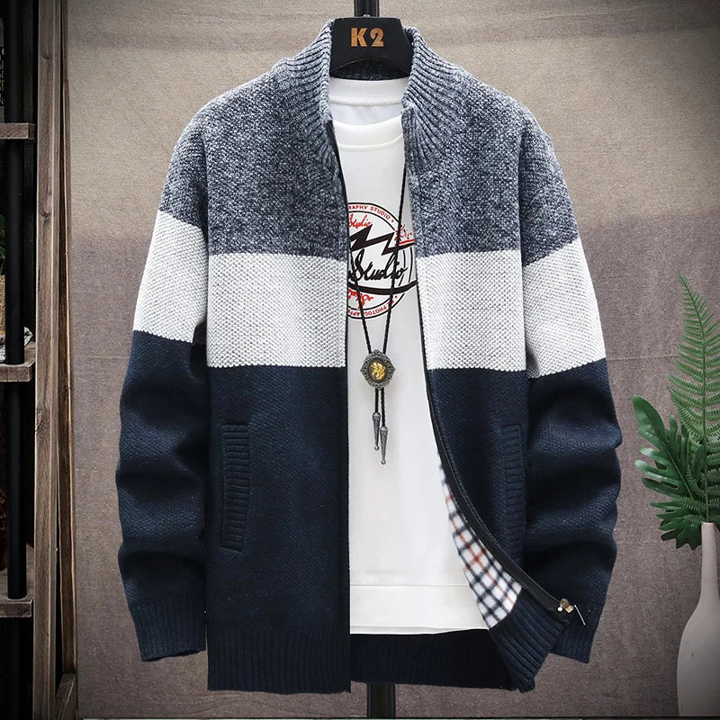 maoxiangshop Winter Men Sweater Add Velvet Cardigan Patchwork Color Stand Collar Male Casual Zipper Knitted Thick Warm Sweatercoat