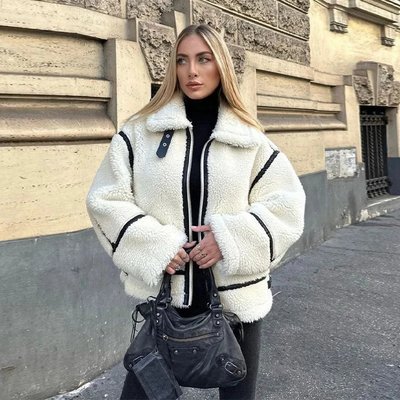 maoxiangshop  -  Winter Warm Lamb Wool Jacket Casual Loose Thick Coat Contrast Color One Piece Faux Fur Jacket Coat Plush Jacket Women