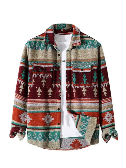 maoxiangshop Men's Shirts Tribal Geometric Pattern Blend Wool Long Sleeve Warm Shirt Coat Vintage Clothes Shacket Autumn Winter Blouse