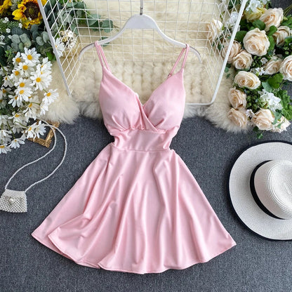 Women A-line Sexy Dress V-Neck Spaghetti Strap Backless Mini Dresses Soild Color Vestidos Slim Trend 2020 High Waist For Party