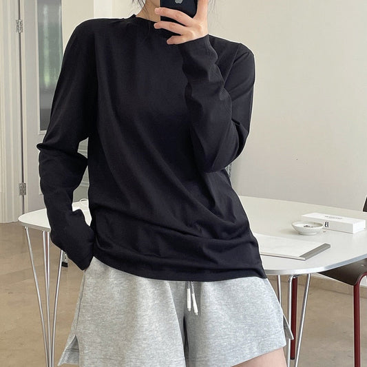 maoxiangshop Summer Women's Casual Solid Color Round Neck Long Sleeve Loose T-Shirt