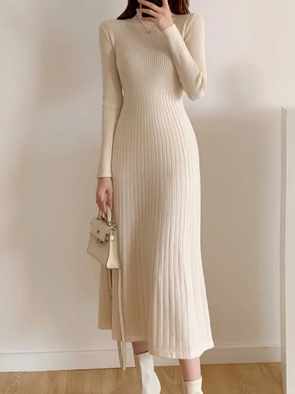 Autumn Winter Slim Long Sleeve Party Midi Dress for Women Knitted Half High Collar Elegant Knitted Sweater Dresses Ladies