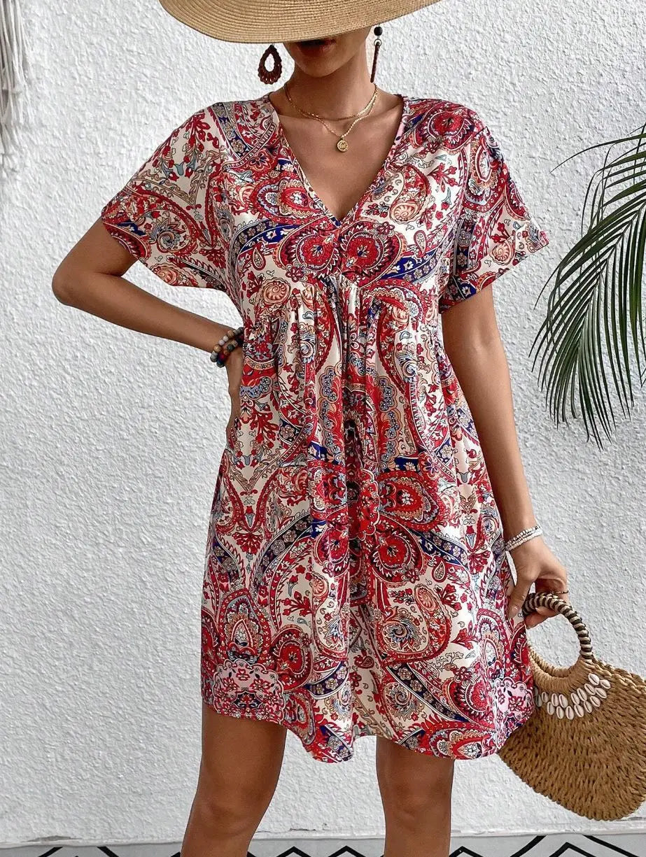 maoxiangshop 2024 Summer New Women Ethnic Graphic Print Dress Beach Bohemian Sundress V Neck Short Sleeve Dress Holiday Dresses Vestidos