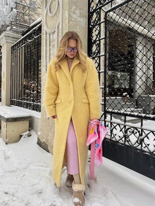 maoxiangshop  -  Retro Lambwool Solid Long Coats Women Elegant Loose Lapel Single Breasted Plush Coat Female Winter Warm Chic Street Overcoats