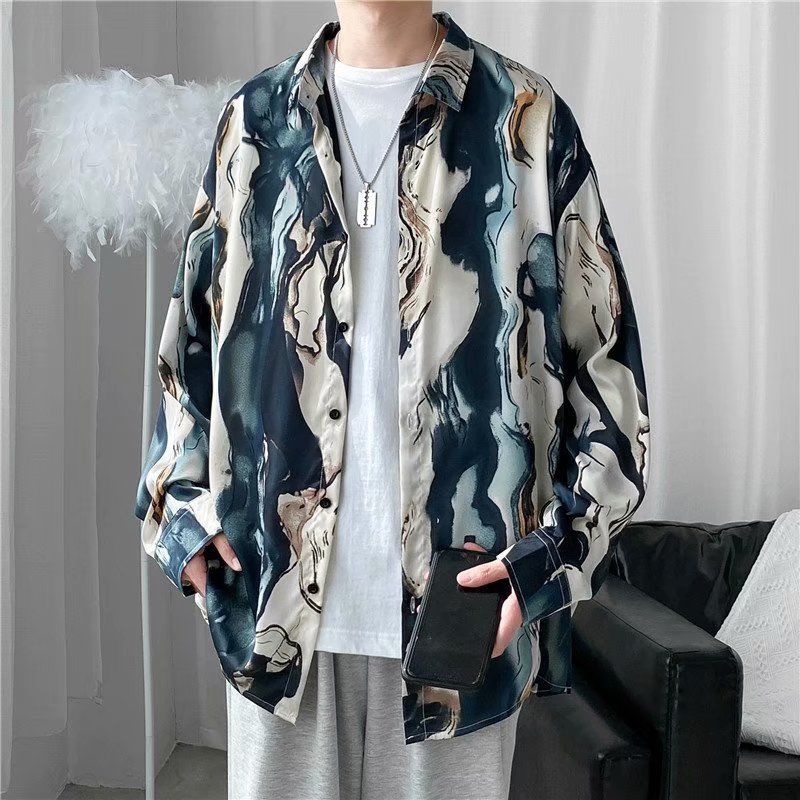maoxiangshop Men's Clothing Turn-down Collar Handsome Long Sleeve Button Spring Summer Thin Man Printing Loose Streetwear Casual Korean