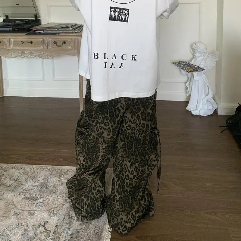 maoxiangshop Tan Leopard Cargo Pants Men Y2K Parachute Oversize Wide Leg Trousers Male Streetwear Hip Hop Harajuku Animal Print