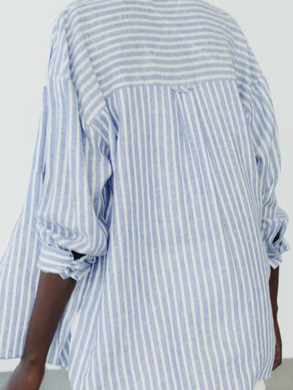 maoxiangshop  -  Striped Pocket Blouses Women 2024 New Single Breasted Long Sleeve Blouse Female Autumn Casual Simple Thin Lapel Collar Shirts