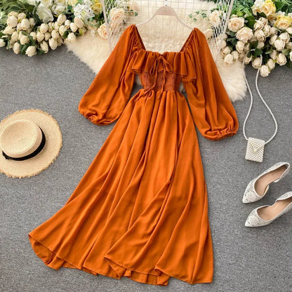 Woherb Chic Elegant Square Collar Maxi Dress Women Solid Chiffon Puff Sleeve Dresses 2024 Korean Fashion Vintage Ruffle Vestidos