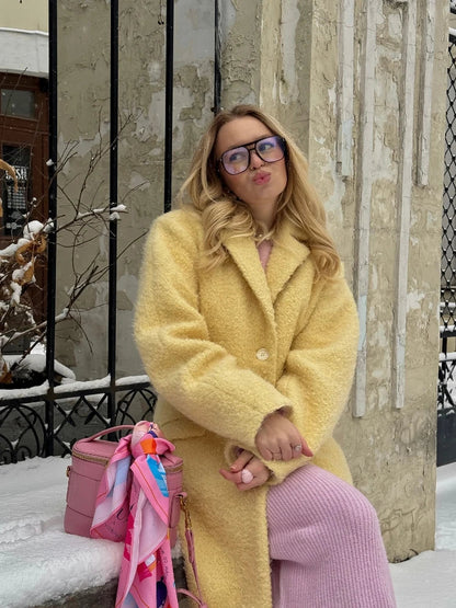 maoxiangshop  -  Retro Lambwool Solid Long Coats Women Elegant Loose Lapel Single Breasted Plush Coat Female Winter Warm Chic Street Overcoats