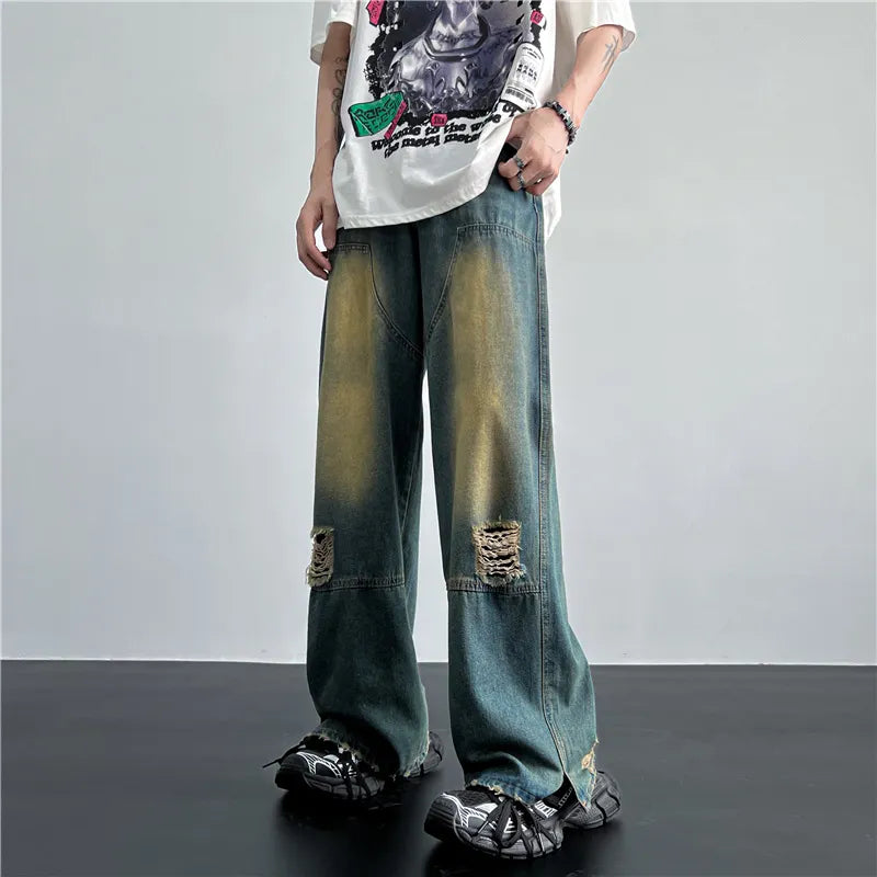 maoxiangshop Men's Hip Hop Ripped Hole Jeans Korean Handsome Casual Pants High Street Straight Loose Wide Leg Jeans Vintage Blue Baggy Jeans