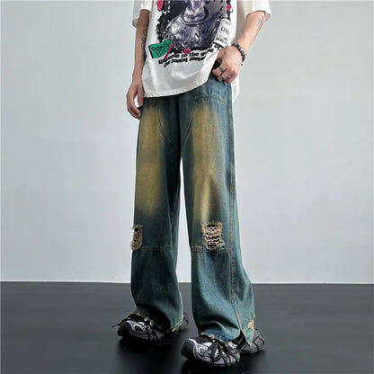maoxiangshop Men's Hip Hop Ripped Hole Jeans Korean Handsome Casual Pants High Street Straight Loose Wide Leg Jeans Vintage Blue Baggy Jeans