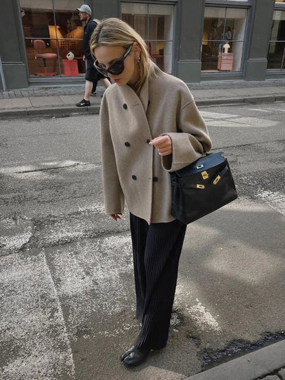 maoxiangshop  -  Elegant Warm Solid Woolen Cropped Coat Women Chic Stand Collar Double Breasted Long Sleeves Jacket Autumn Lady Commute Outercoat