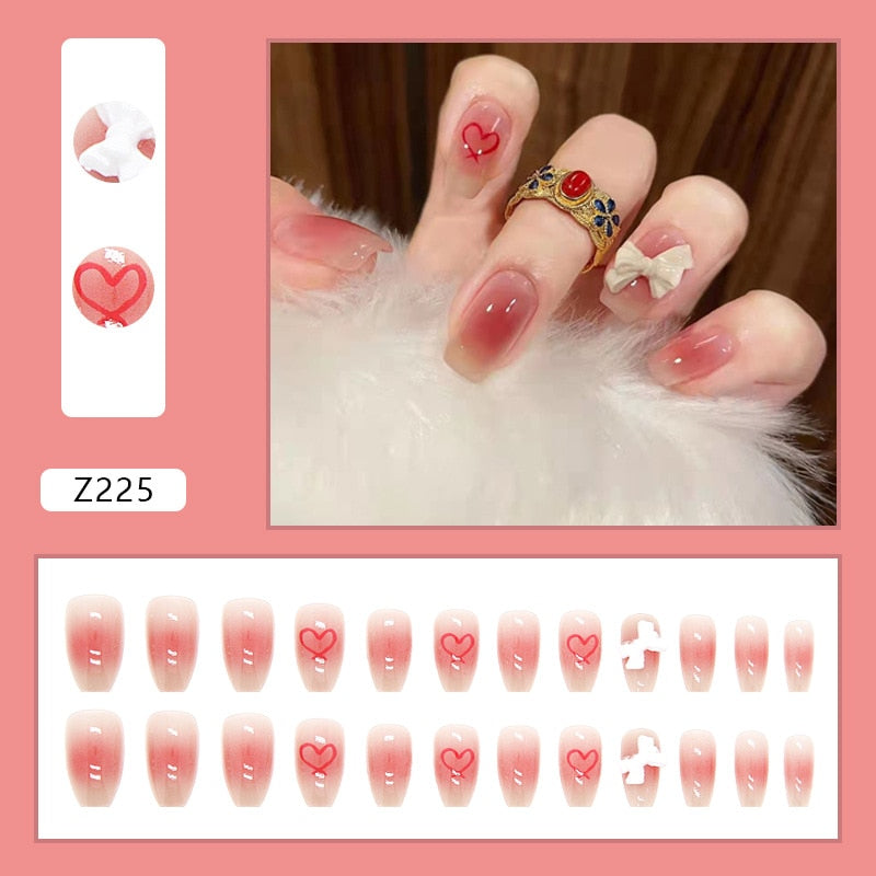 24pcs French Fake Nails Short Art Nail Tips Press Stick on False with Designs Full Cover Artificial Pink Wearable Clear Tips