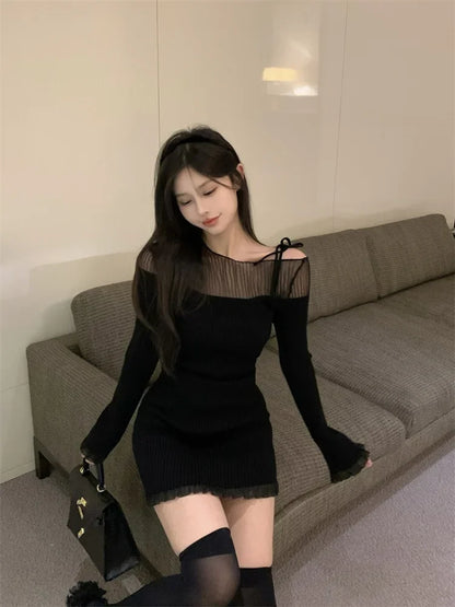 maoxiangshop Sexy Mini Lace Dress Women Off Shoulder Bandage Ladies Dresses Patchwork Mesh Ruffles Slim Stretch Elegant Knit Vestidos