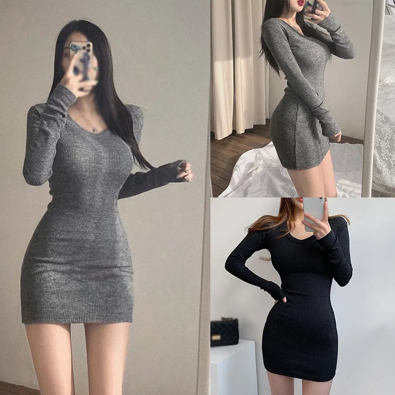 Korean Autumn/Winter Dress Solid  Spring Outfits V-neck Slim Fit Sexy Wrap Hip Elastic Long Sleeve Dress